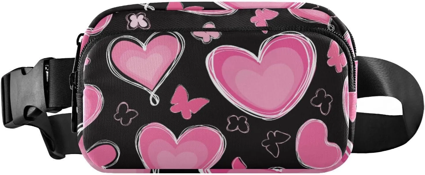 Fanny Pack for Women Men Pink Heart Butterfly Belt Waist Pack Bum Bag Wallets for Running Cycling Hiking Travel Workout with Adjustable Strap