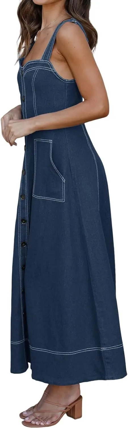Fisoew Women's Long Denim Dress Sleeveless Adjustable Straps A Line Maxi Dress with Pockets