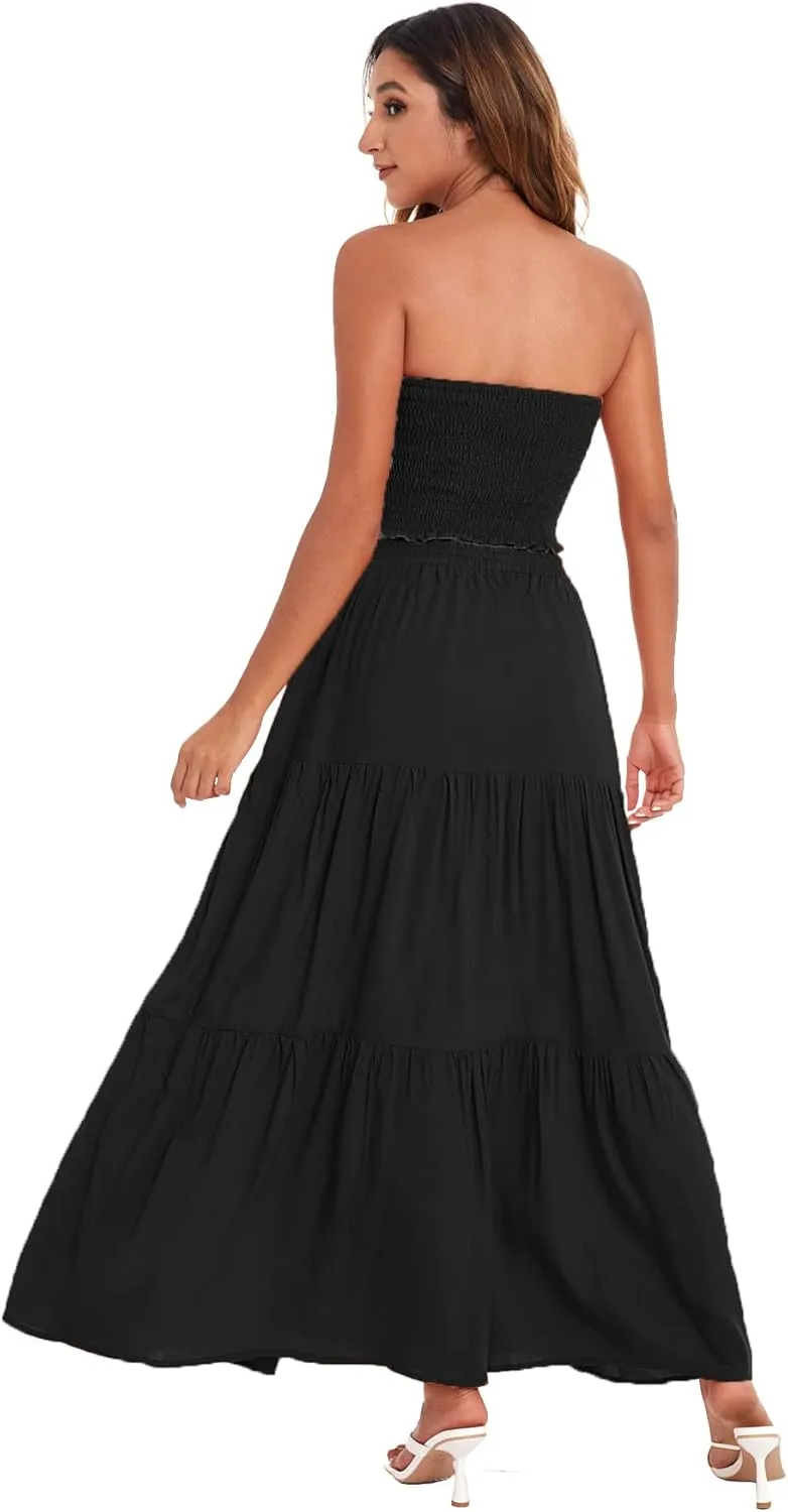 Floerns Women's Summer Printed 2 Piece Outfit Crop Tube Tops and Split Long Skirt Set