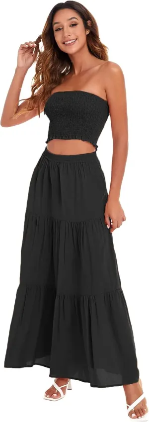 Floerns Women's Summer Printed 2 Piece Outfit Crop Tube Tops and Split Long Skirt Set
