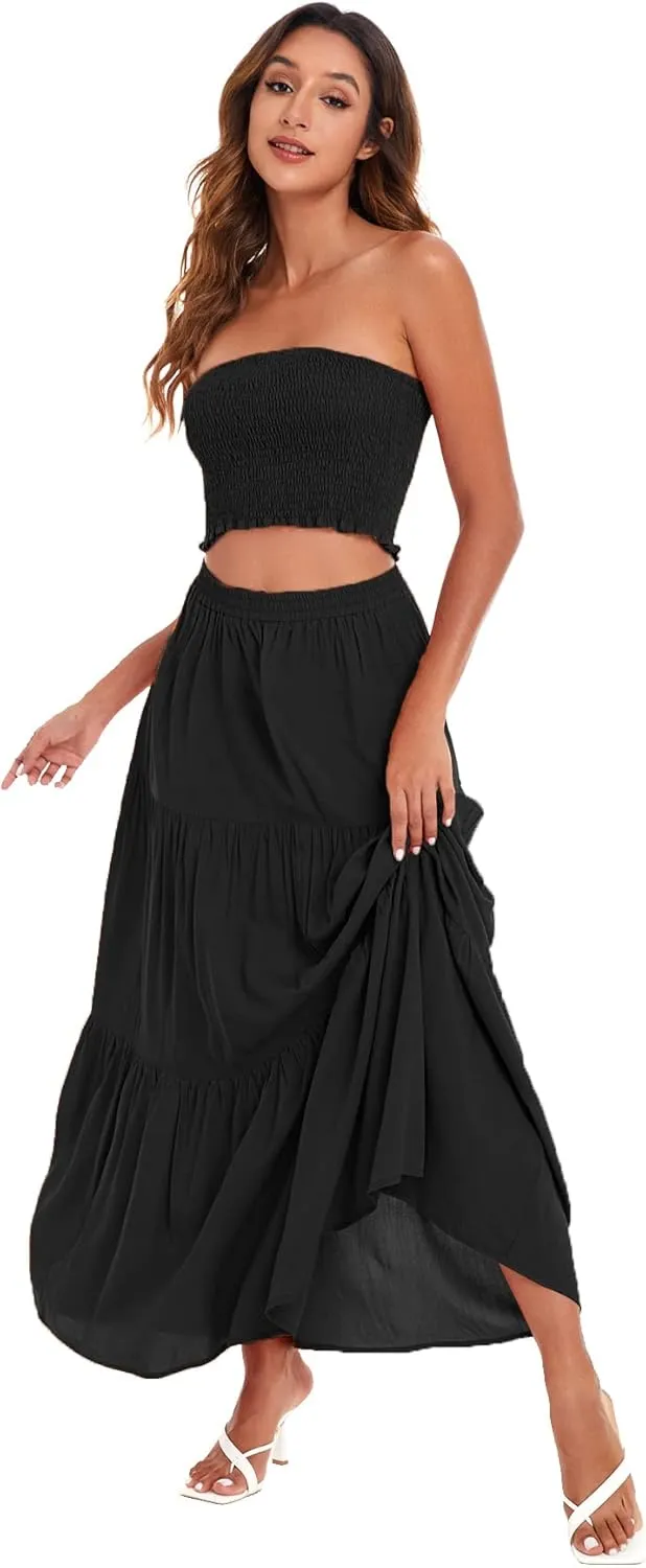 Floerns Women's Summer Printed 2 Piece Outfit Crop Tube Tops and Split Long Skirt Set