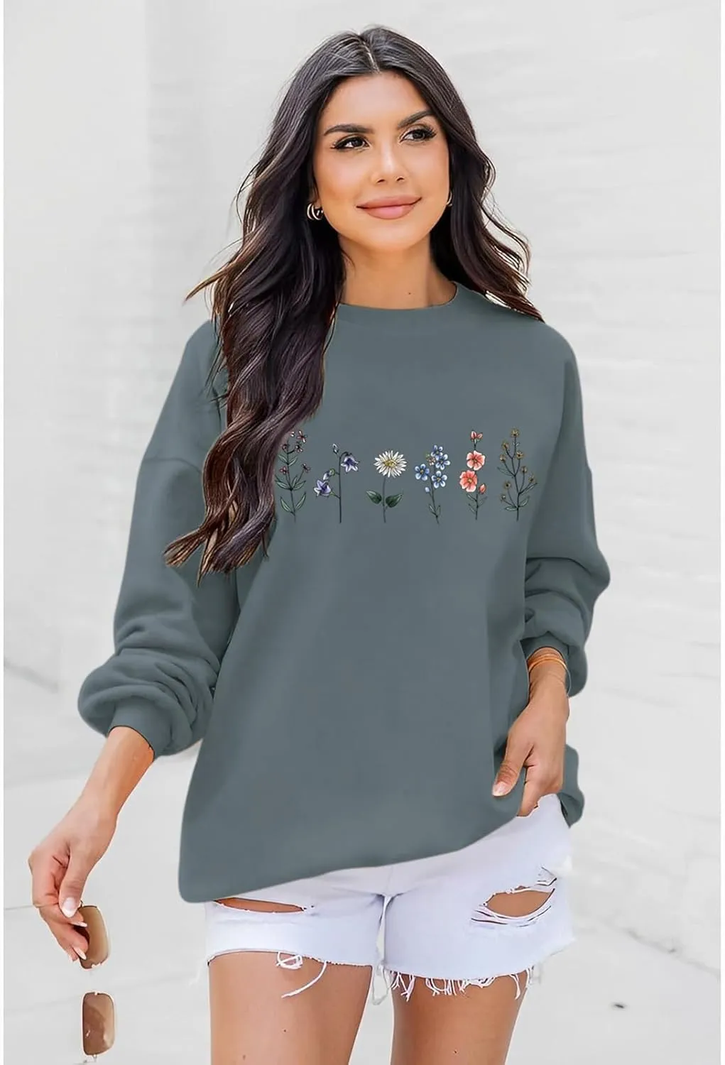 Flower Graphic Sweatshirt for Women Floral Printed Vintage Long Sleeves Shirt Crewneck Hoodie Loose Pullovers Tops