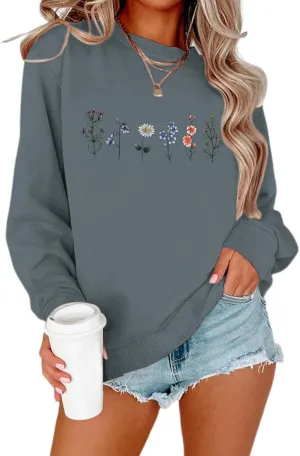 Flower Graphic Sweatshirt for Women Floral Printed Vintage Long Sleeves Shirt Crewneck Hoodie Loose Pullovers Tops