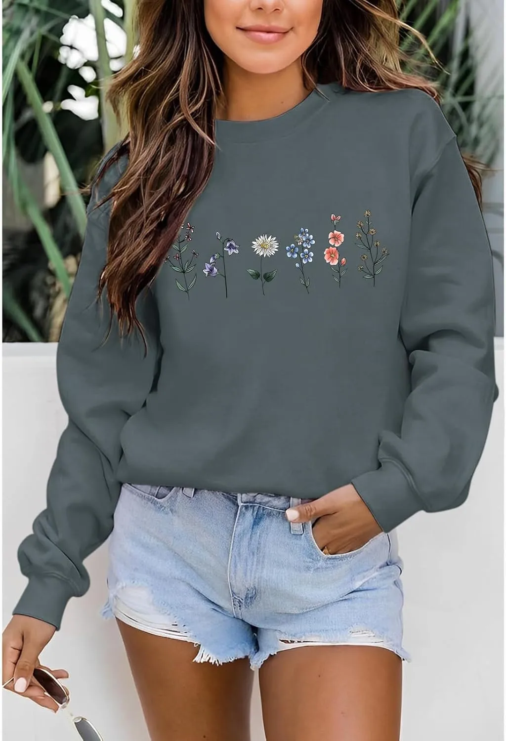 Flower Graphic Sweatshirt for Women Floral Printed Vintage Long Sleeves Shirt Crewneck Hoodie Loose Pullovers Tops