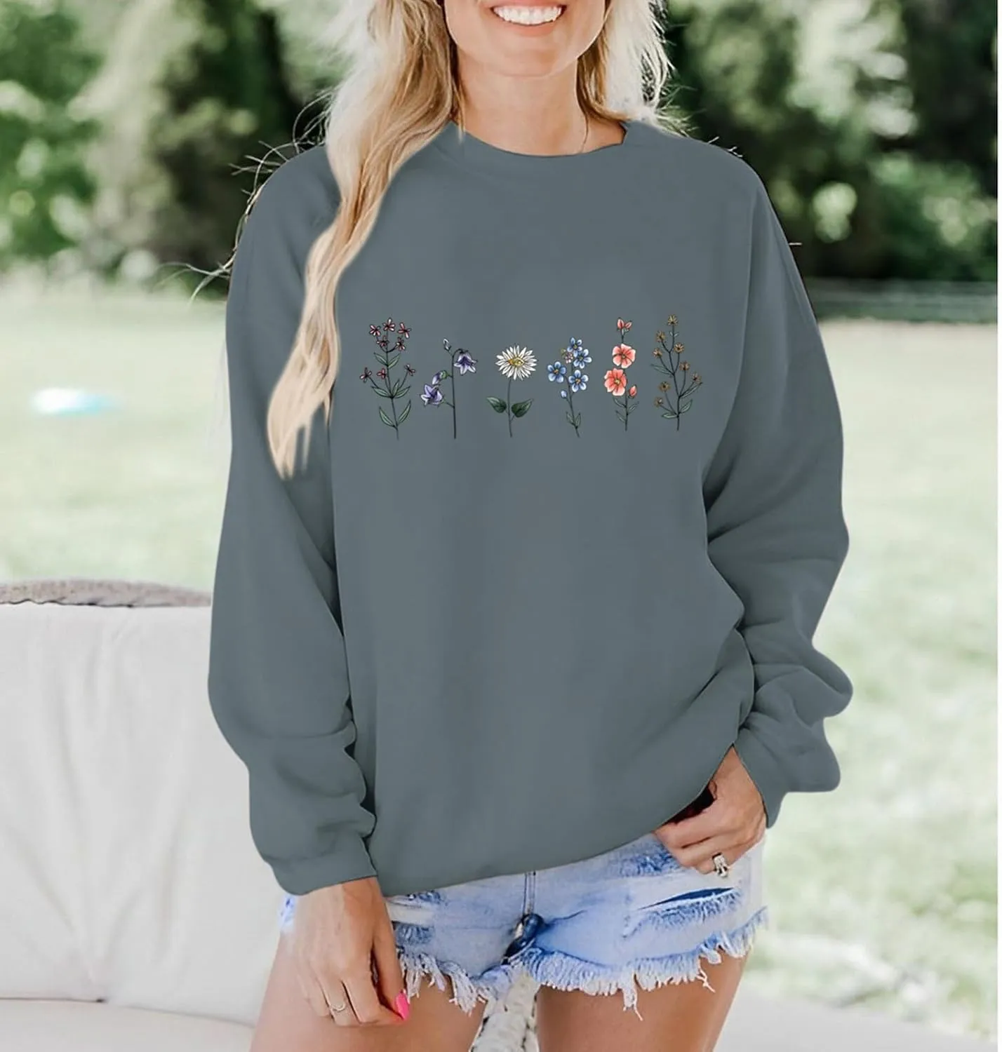 Flower Graphic Sweatshirt for Women Floral Printed Vintage Long Sleeves Shirt Crewneck Hoodie Loose Pullovers Tops
