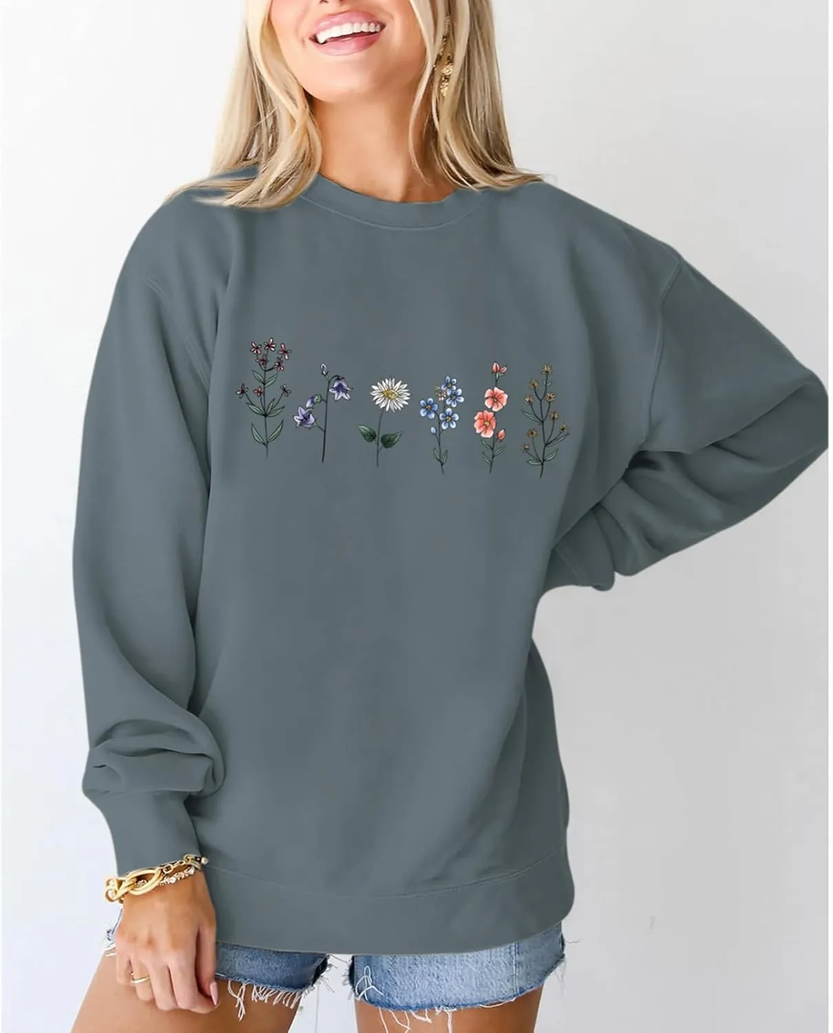 Flower Graphic Sweatshirt for Women Floral Printed Vintage Long Sleeves Shirt Crewneck Hoodie Loose Pullovers Tops