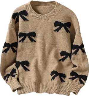 Girl's Cute Bow Sweater Crew Neck Long Sleeve Drop Shoulder Loose Pullover Tops