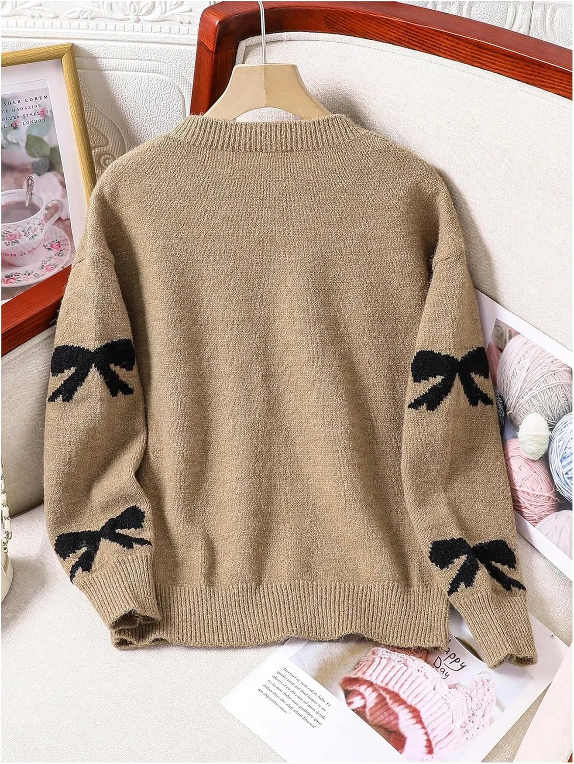 Girl's Cute Bow Sweater Crew Neck Long Sleeve Drop Shoulder Loose Pullover Tops