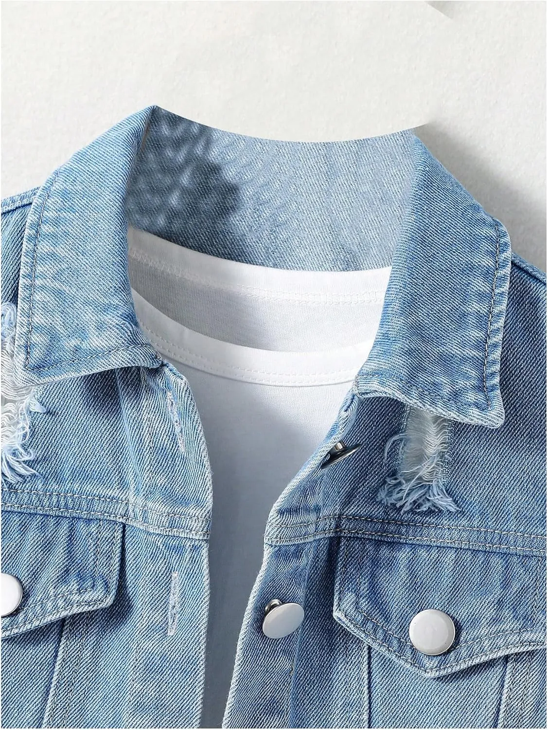 GORGLITTER Girl's Long Sleeve Denim Jacket Coat Button Down Distressed Raw Trim Collar Cropped Jacket