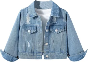 GORGLITTER Girl's Long Sleeve Denim Jacket Coat Button Down Distressed Raw Trim Collar Cropped Jacket