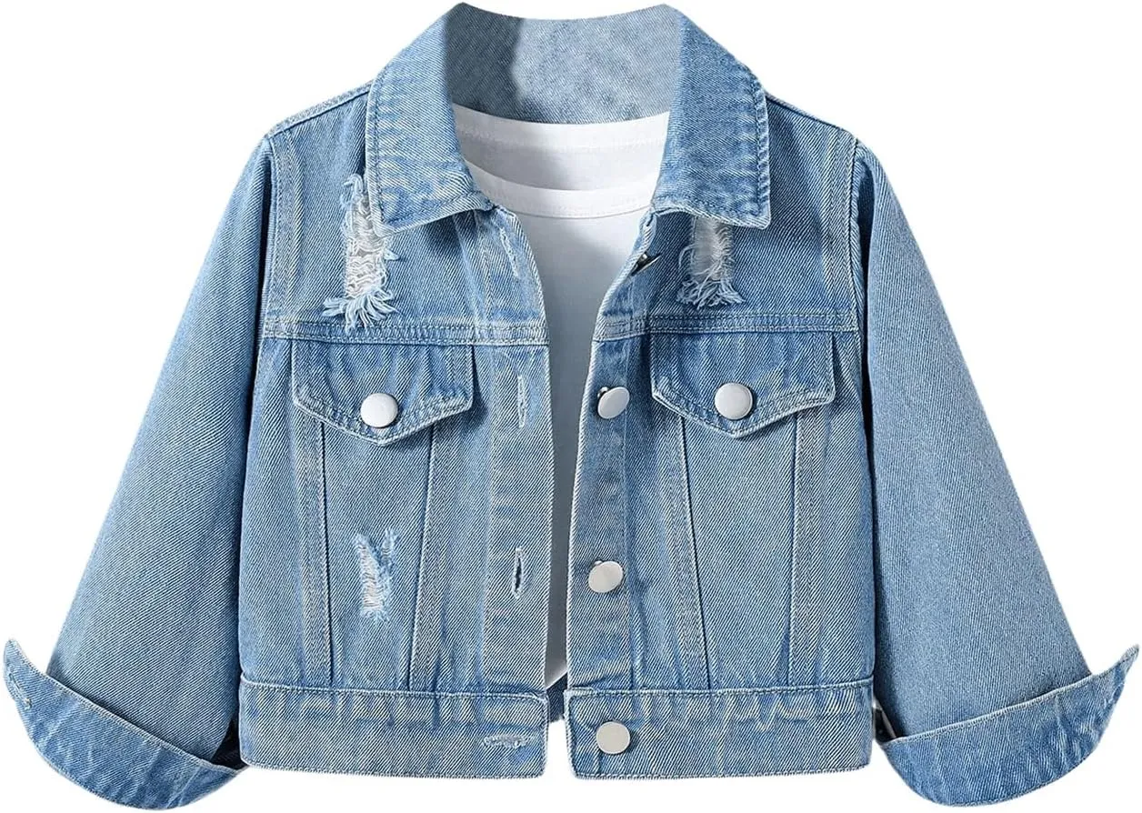 GORGLITTER Girl's Long Sleeve Denim Jacket Coat Button Down Distressed Raw Trim Collar Cropped Jacket