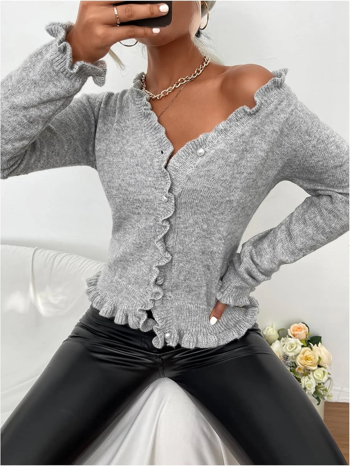 GORGLITTER Women's Frill Trim Button Down Cardigan V Neck Long Sleeve Knit Sweater