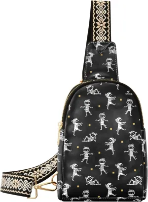 Halloween Cute Mummy Sling Bag For Women Small Leather Fanny Pack Crossbody Purses for Women Trendy,waterproof Chest Bag With Wide Strap with Adjustable Strap Anti Theft