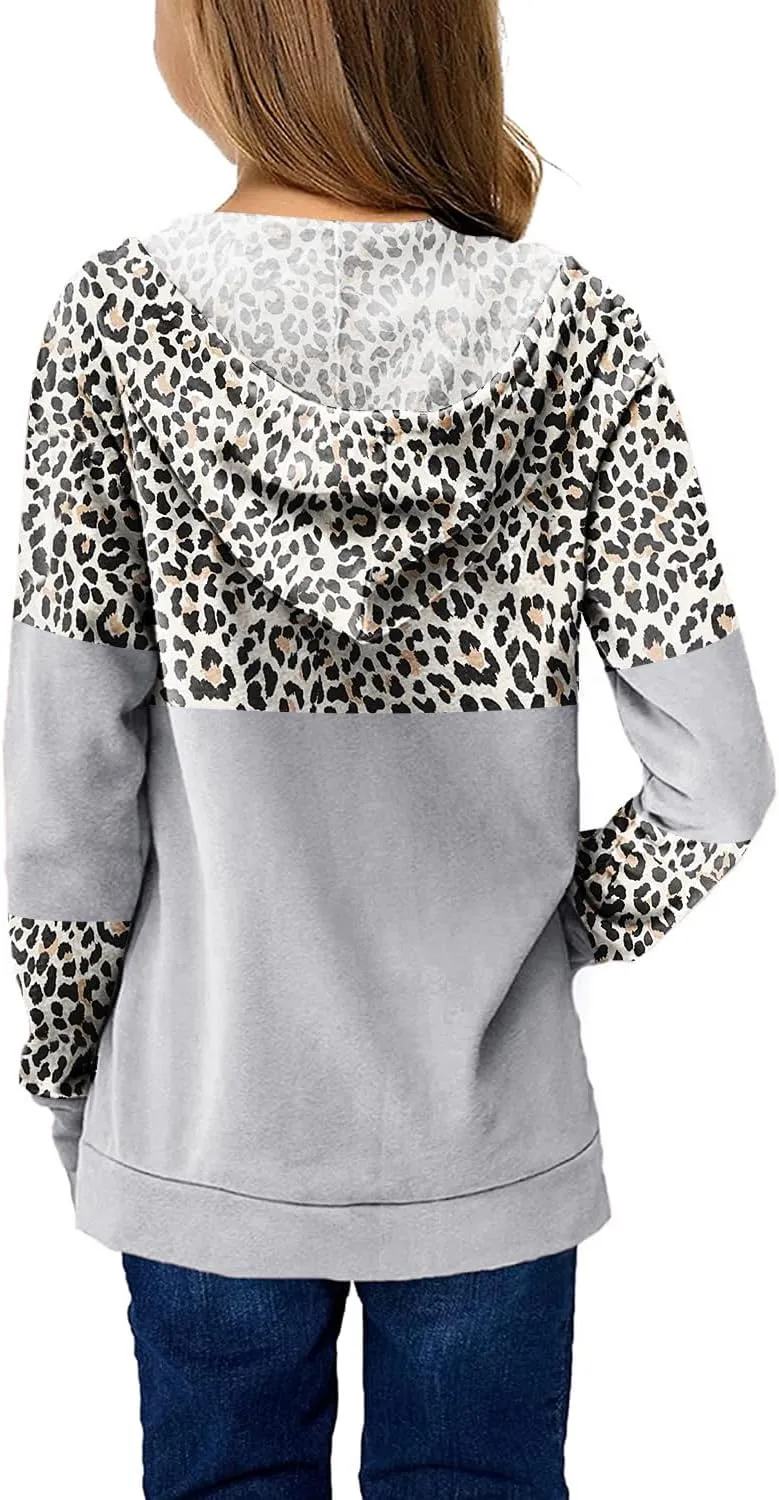 Haloumoning Kids Girls Fleece Pullover Hoodies Cute Leopard Printed Hooded Sweatshirts with Pockets 4-15 Years