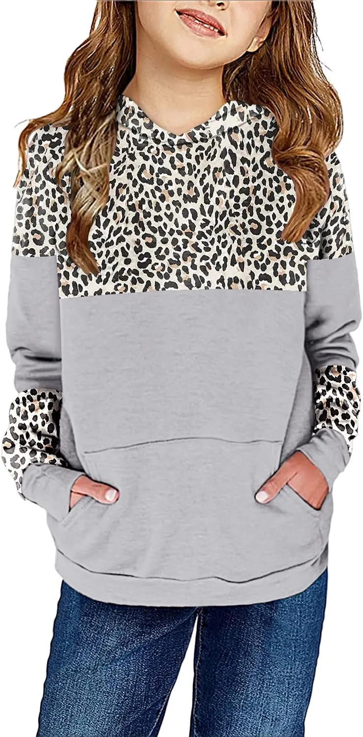 Haloumoning Kids Girls Fleece Pullover Hoodies Cute Leopard Printed Hooded Sweatshirts with Pockets 4-15 Years