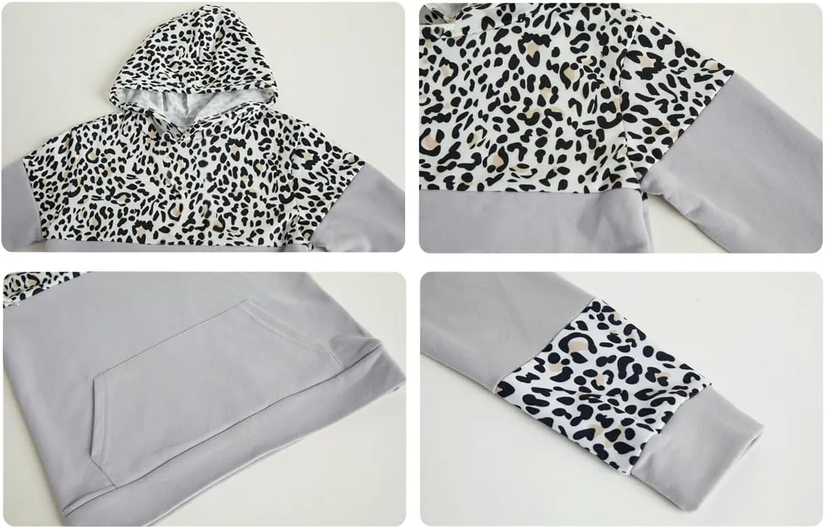 Haloumoning Kids Girls Fleece Pullover Hoodies Cute Leopard Printed Hooded Sweatshirts with Pockets 4-15 Years