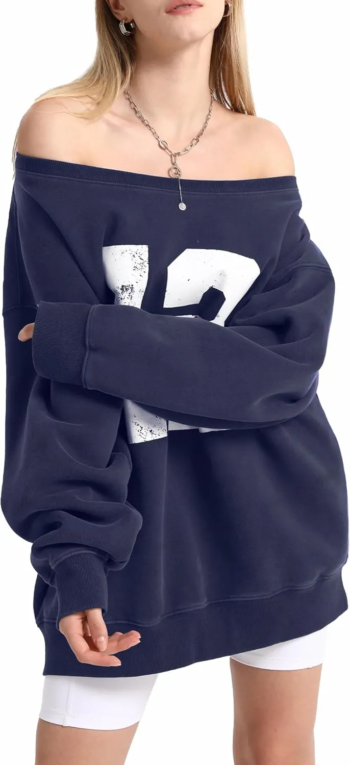 Hatant Off the Shoulder Sweatshirts Womens Graphic Hoodies Jersey Sweatshirts Off Shoulder Sweat Pullover Hoodies for Women
