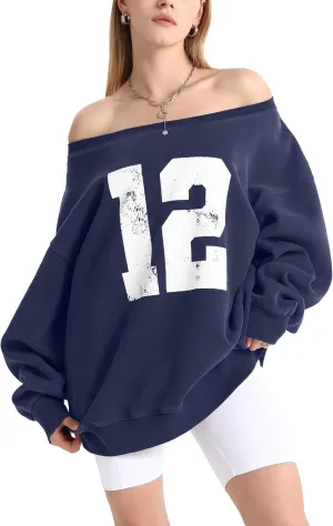 Hatant Off the Shoulder Sweatshirts Womens Graphic Hoodies Jersey Sweatshirts Off Shoulder Sweat Pullover Hoodies for Women