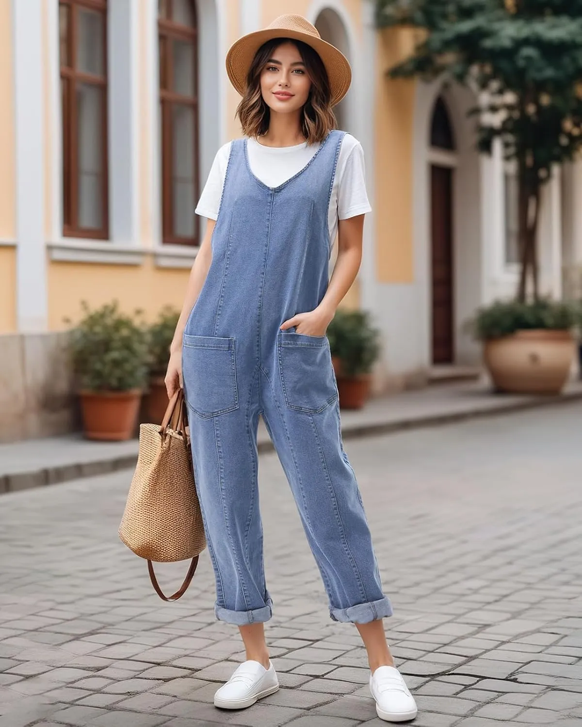 HISEA Womens Denim Overalls Jumpsuits Sleeveless V Neck Casual Baggy Overalls Relaxed Fit Jean Jumpers with Pockets