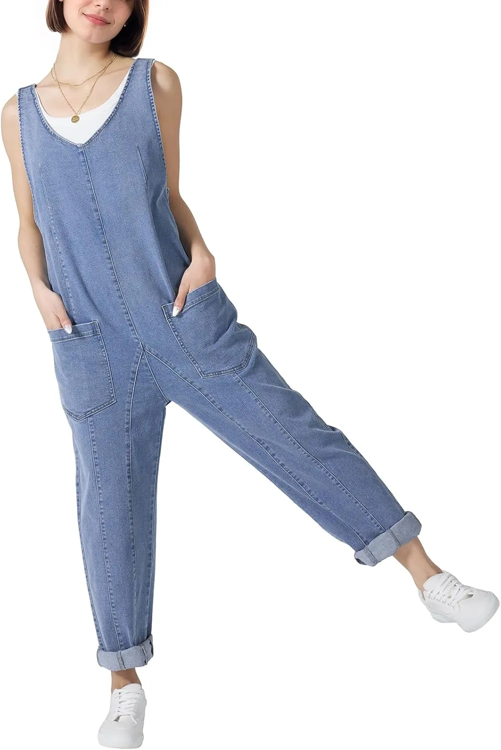 HISEA Womens Denim Overalls Jumpsuits Sleeveless V Neck Casual Baggy Overalls Relaxed Fit Jean Jumpers with Pockets