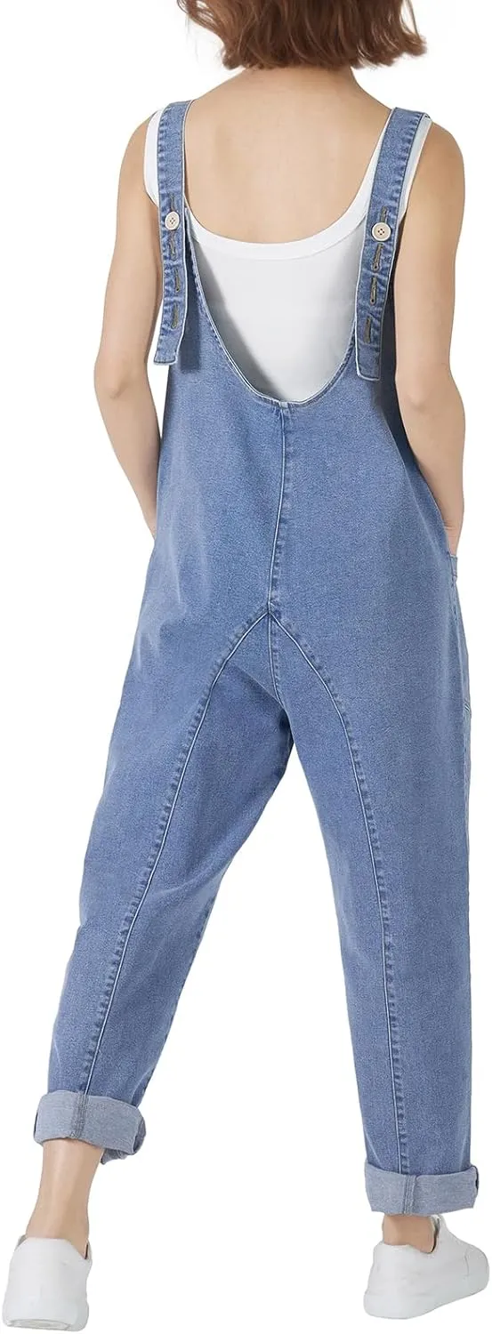 HISEA Womens Denim Overalls Jumpsuits Sleeveless V Neck Casual Baggy Overalls Relaxed Fit Jean Jumpers with Pockets