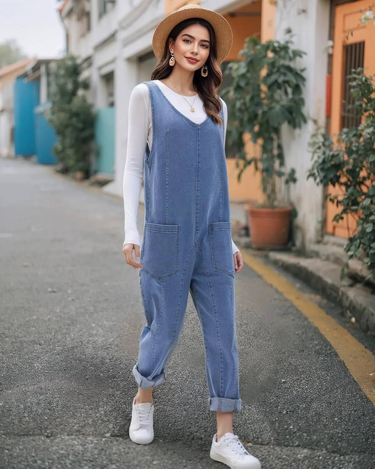 HISEA Womens Denim Overalls Jumpsuits Sleeveless V Neck Casual Baggy Overalls Relaxed Fit Jean Jumpers with Pockets