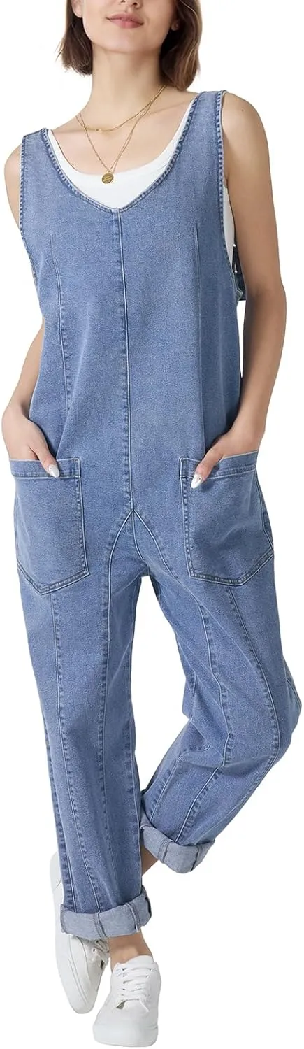 HISEA Womens Denim Overalls Jumpsuits Sleeveless V Neck Casual Baggy Overalls Relaxed Fit Jean Jumpers with Pockets