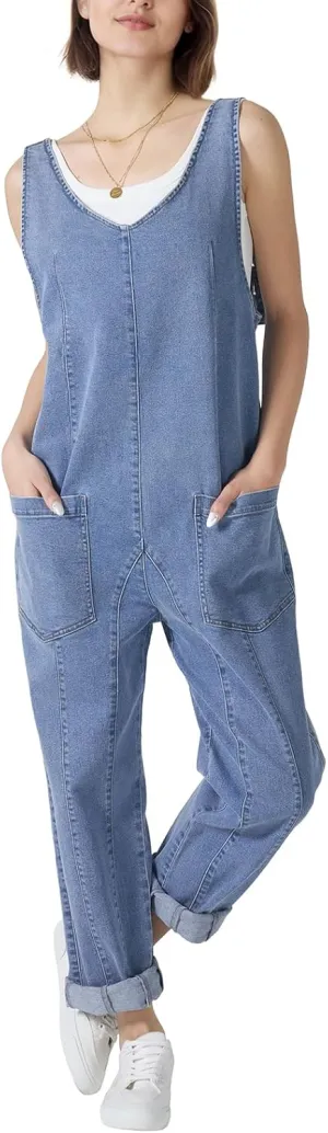 HISEA Womens Denim Overalls Jumpsuits Sleeveless V Neck Casual Baggy Overalls Relaxed Fit Jean Jumpers with Pockets