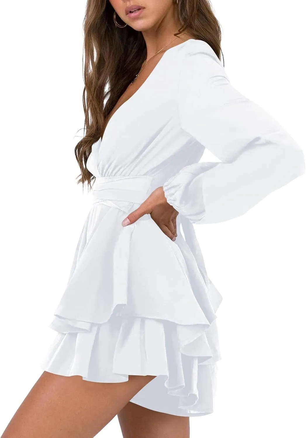 Hocuos Women's Long Lantern Sleeve Plunging V Neck Dress Tie Waist Layer Ruffle Hem A Line Swing Casual Short Mini Dress