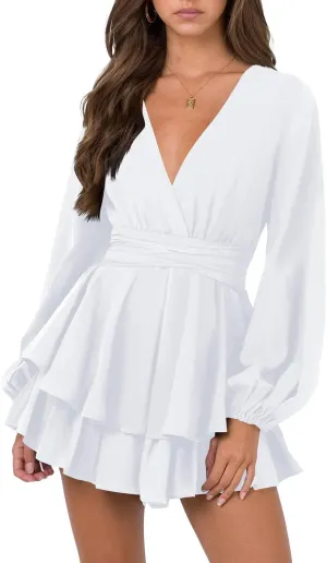 Hocuos Women's Long Lantern Sleeve Plunging V Neck Dress Tie Waist Layer Ruffle Hem A Line Swing Casual Short Mini Dress