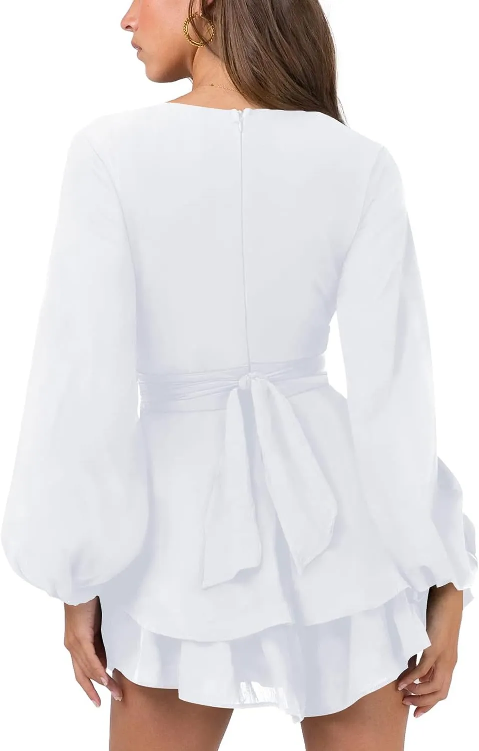 Hocuos Women's Long Lantern Sleeve Plunging V Neck Dress Tie Waist Layer Ruffle Hem A Line Swing Casual Short Mini Dress