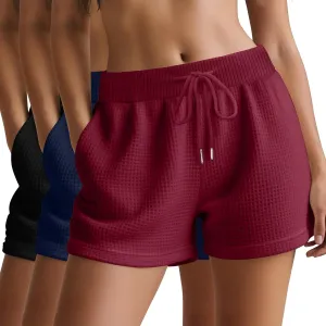 Huukeay 3 Pack Women's Waffle Knit Shorts Drawstring Casual Lounge Pajama Bottoms Comfy Summer Shorts with Pockets