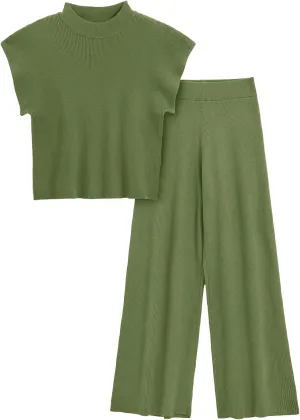 Imily Bela Women's 2 Piece Outfits Sweater Knit Sets Mock Neck Short Sleeve Tops Wide Leg Pants Casual Tracksuit