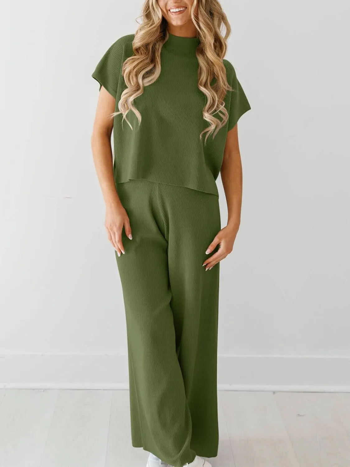Imily Bela Women's 2 Piece Outfits Sweater Knit Sets Mock Neck Short Sleeve Tops Wide Leg Pants Casual Tracksuit
