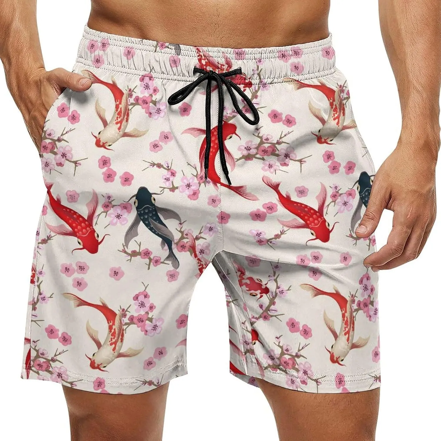 Japanese Fish Cherry Florals Men's Swim Trunks Quick Dry Bathing Suit Swimming Shorts Beach Swimwear
