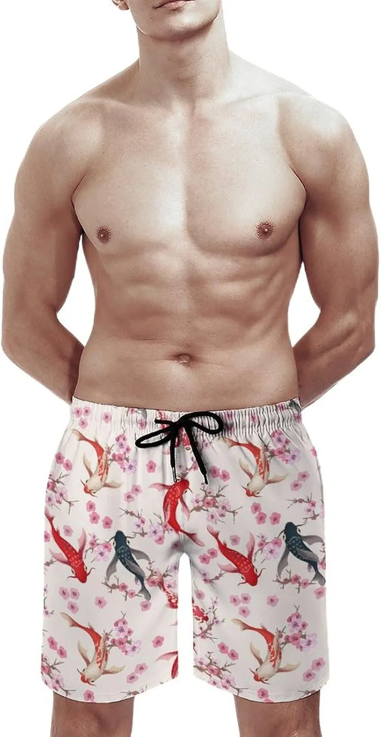 Japanese Fish Cherry Florals Men's Swim Trunks Quick Dry Bathing Suit Swimming Shorts Beach Swimwear