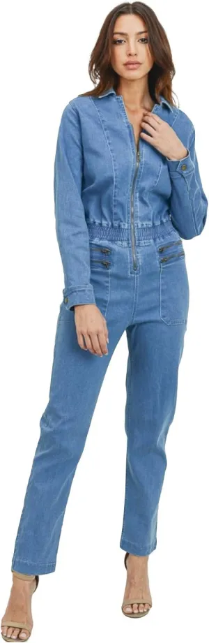 Khanomak Women's Classic Stretch Zip Up Closure Long Sleeve Denim Jeans Jumpsuit