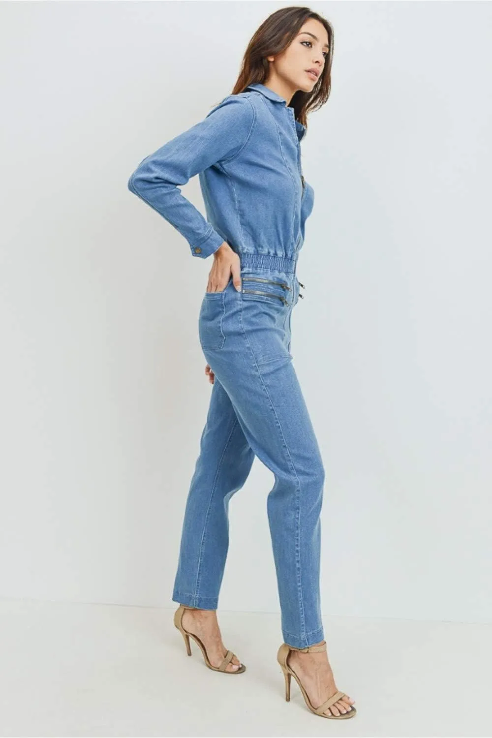 Khanomak Women's Classic Stretch Zip Up Closure Long Sleeve Denim Jeans Jumpsuit