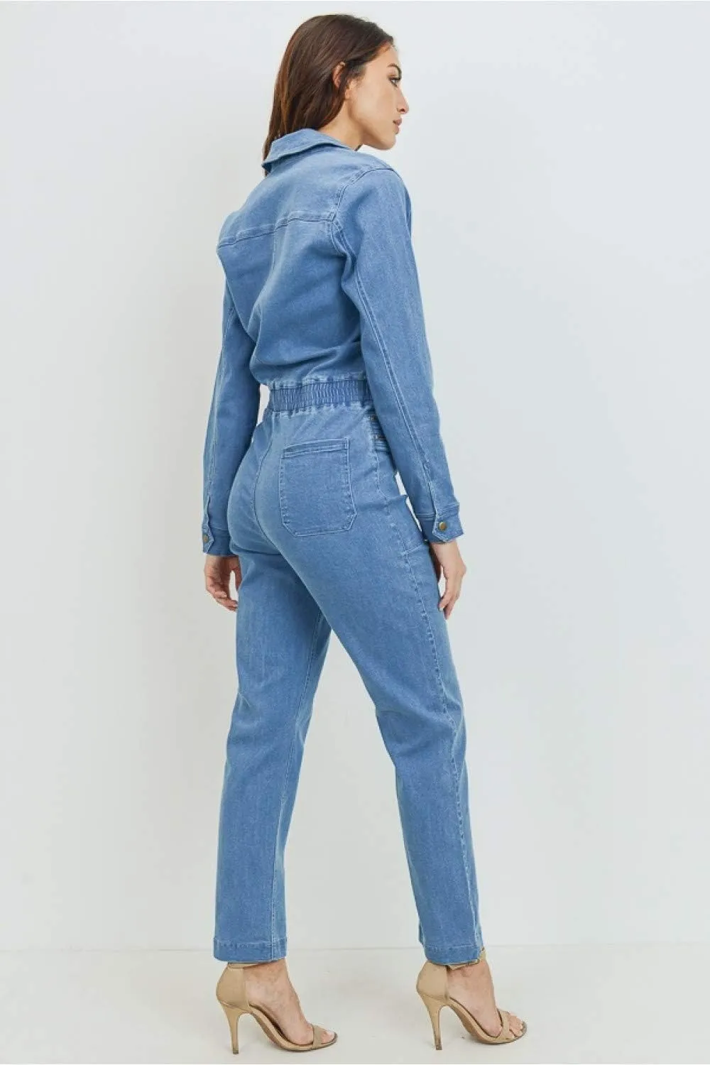 Khanomak Women's Classic Stretch Zip Up Closure Long Sleeve Denim Jeans Jumpsuit