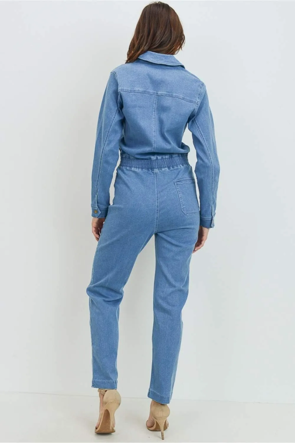 Khanomak Women's Classic Stretch Zip Up Closure Long Sleeve Denim Jeans Jumpsuit