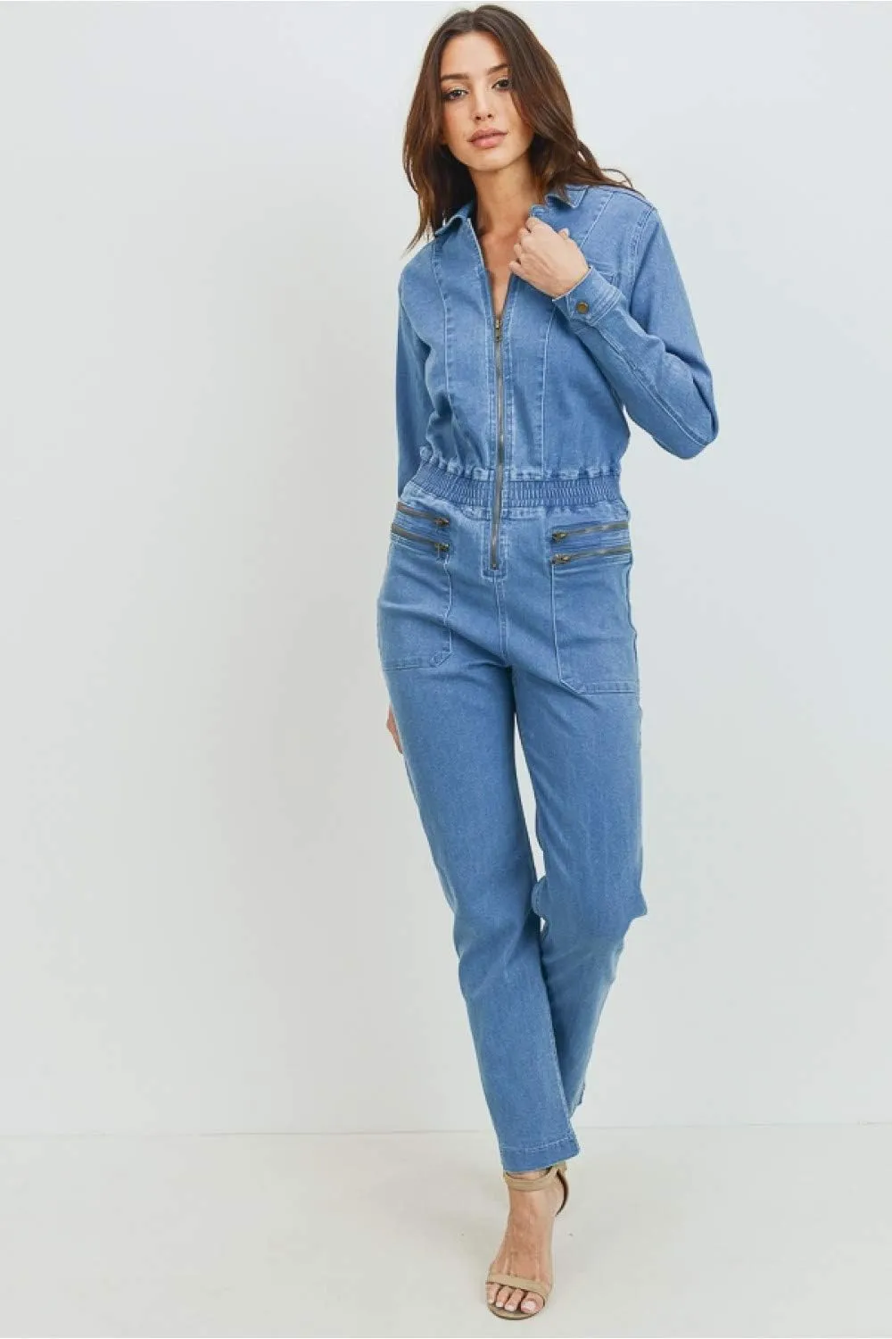 Khanomak Women's Classic Stretch Zip Up Closure Long Sleeve Denim Jeans Jumpsuit