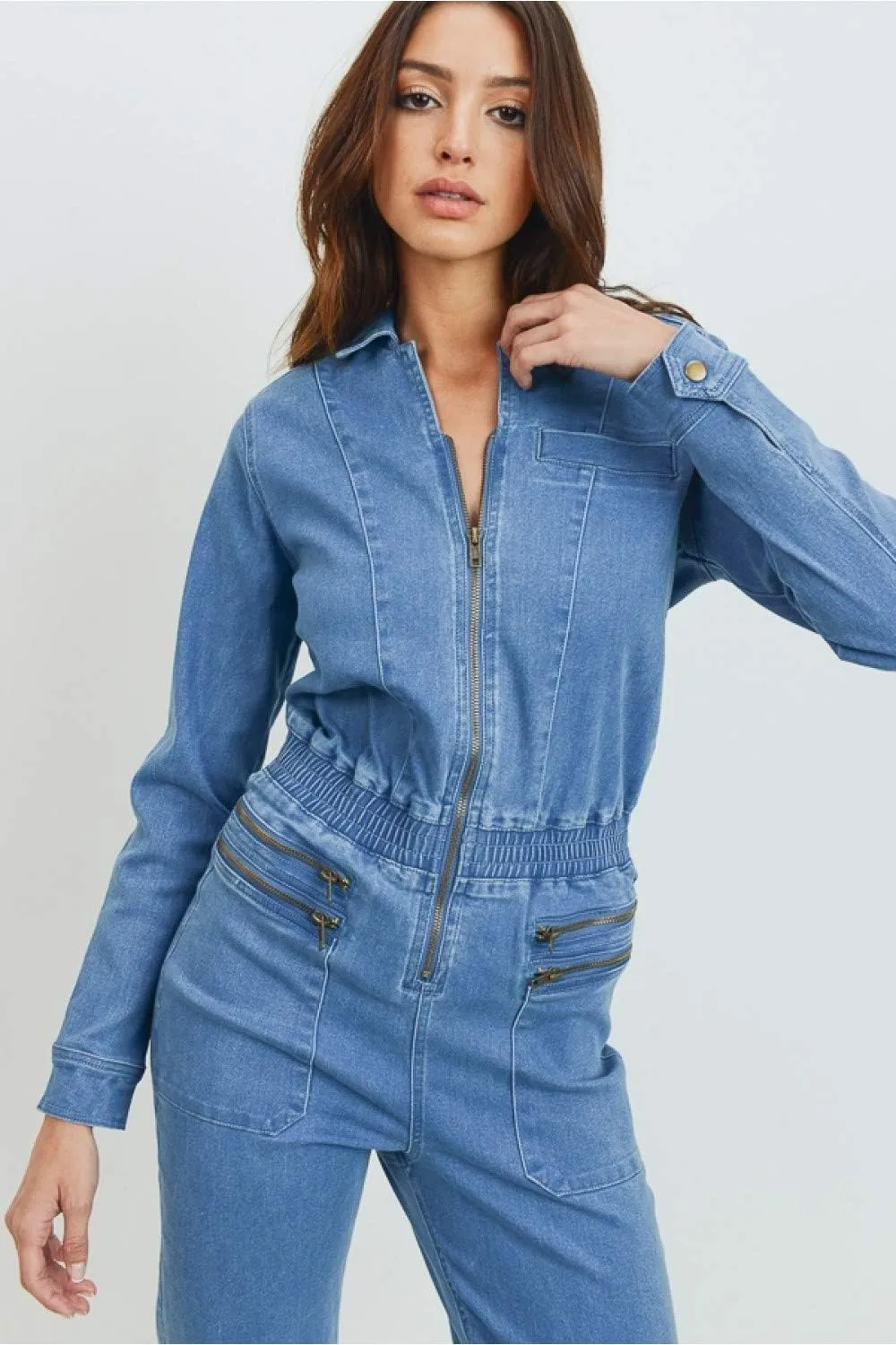 Khanomak Women's Classic Stretch Zip Up Closure Long Sleeve Denim Jeans Jumpsuit