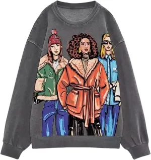 KOSUSANILL Women Long Sleeve Graphic Sweatshirts Girls Print Baggy Loose Pullovers Tops Crew Neck Graffiti Sweater Fall