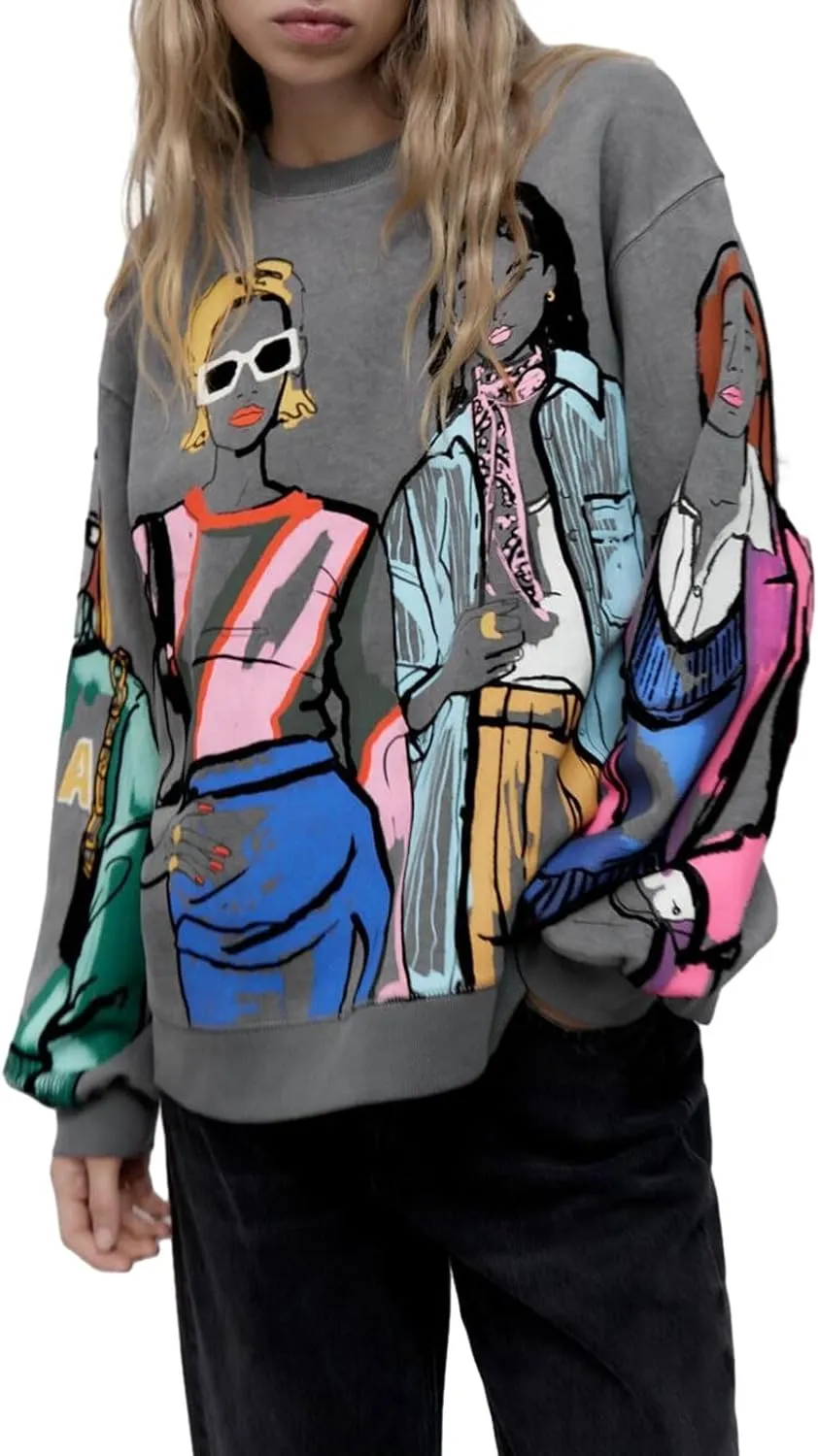 KOSUSANILL Women Long Sleeve Graphic Sweatshirts Girls Print Baggy Loose Pullovers Tops Crew Neck Graffiti Sweater Fall