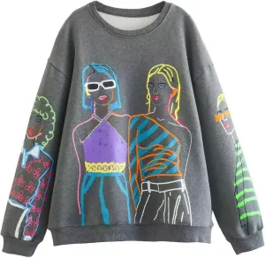 KOSUSANILL Women Long Sleeve Graphic Sweatshirts Girls Print Baggy Loose Pullovers Tops Crew Neck Graffiti Sweater Fall