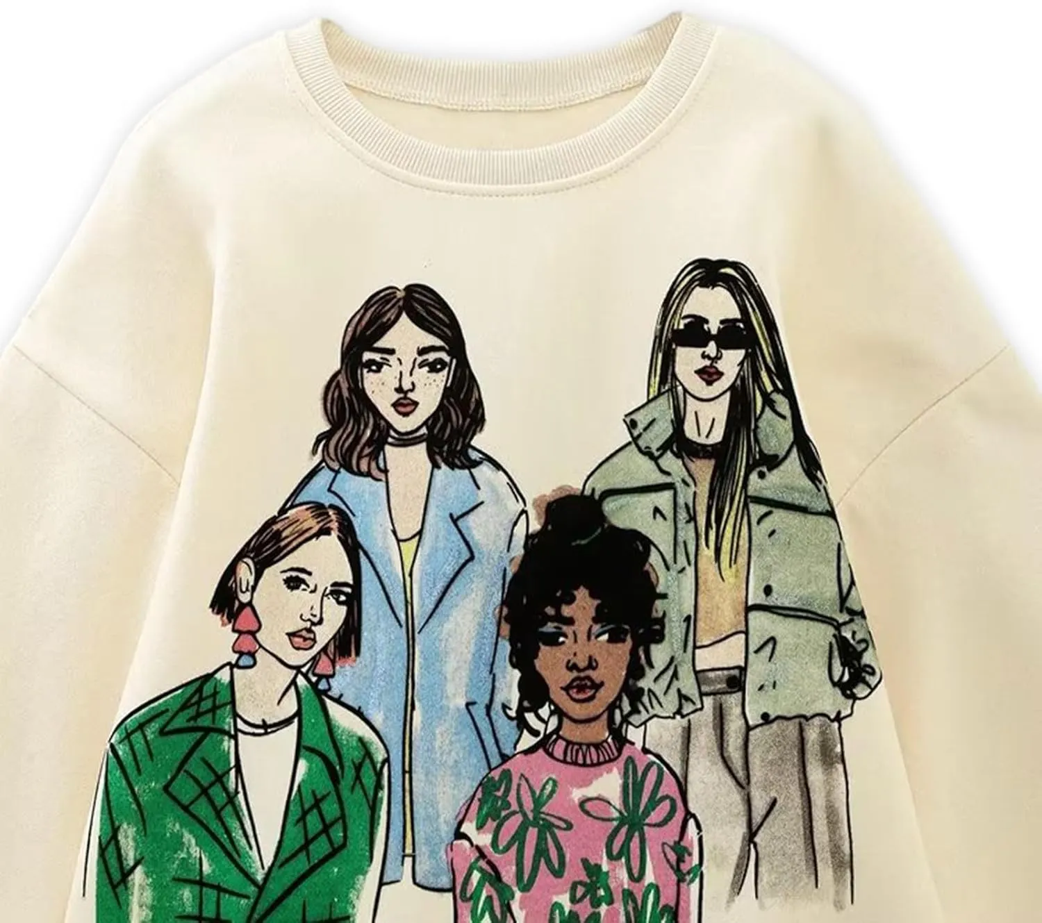 KOSUSANILL Women Long Sleeve Graphic Sweatshirts Girls Print Baggy Loose Pullovers Tops Crew Neck Graffiti Sweater Fall