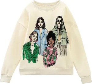KOSUSANILL Women Long Sleeve Graphic Sweatshirts Girls Print Baggy Loose Pullovers Tops Crew Neck Graffiti Sweater Fall