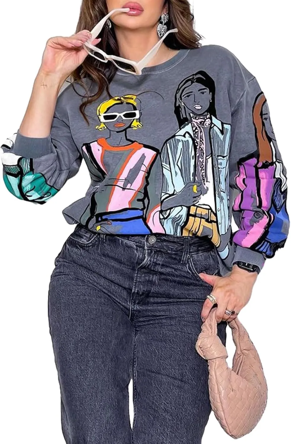 KOSUSANILL Women Long Sleeve Graphic Sweatshirts Girls Print Baggy Loose Pullovers Tops Crew Neck Graffiti Sweater Fall