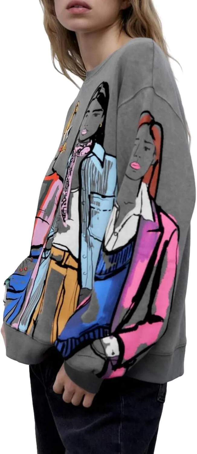 KOSUSANILL Women Long Sleeve Graphic Sweatshirts Girls Print Baggy Loose Pullovers Tops Crew Neck Graffiti Sweater Fall
