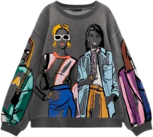 KOSUSANILL Women Long Sleeve Graphic Sweatshirts Girls Print Baggy Loose Pullovers Tops Crew Neck Graffiti Sweater Fall